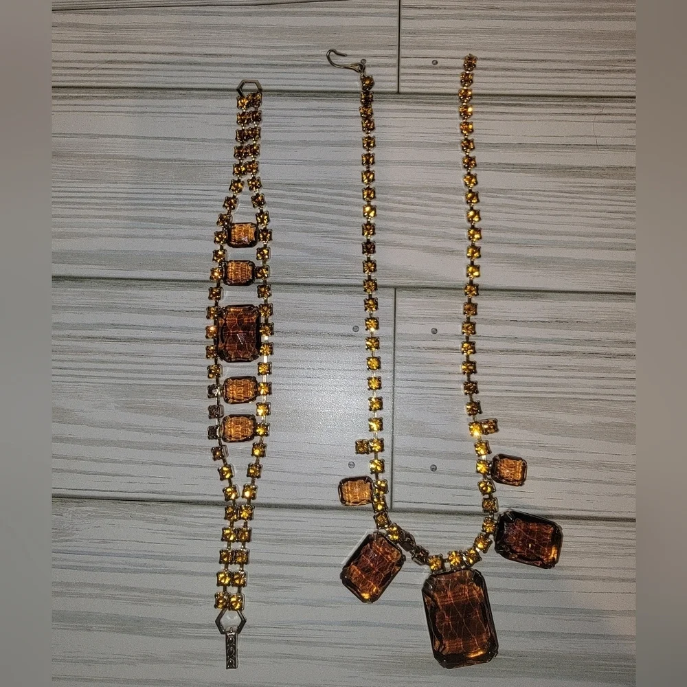 Vintage Amber Glass Rhinestone Necklace Bracelet Demi Parure Set